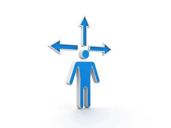 3d man standing in front of three arrows showing three different directions wondering which way to go over white background — Stock Photo, Image