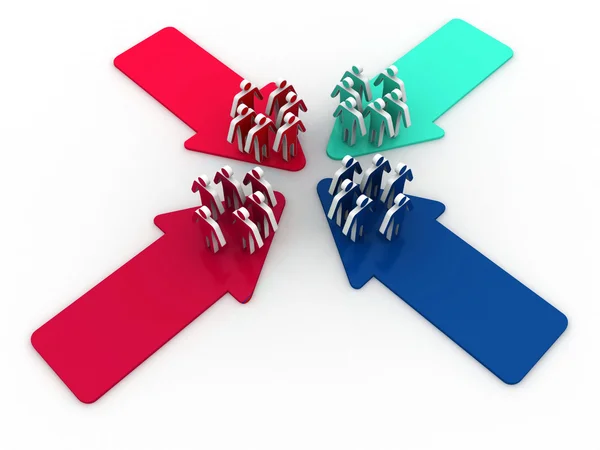 Four groups of people meet and connect at intersection of four arrows — Stock Photo, Image