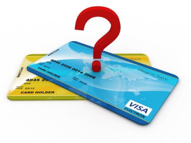Soru işareti üzerinde renkli banka kartları