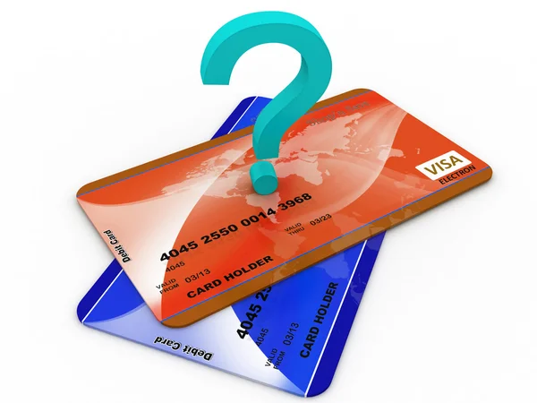 Question mark on colorful debit cards — Stock Photo, Image