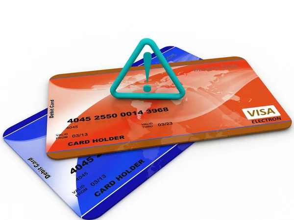 Ausrufezeichen auf einem Stapel von Debitkarten — Stockfoto