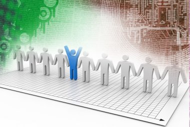 3D karakter adam lideri ve ekip üyeleri