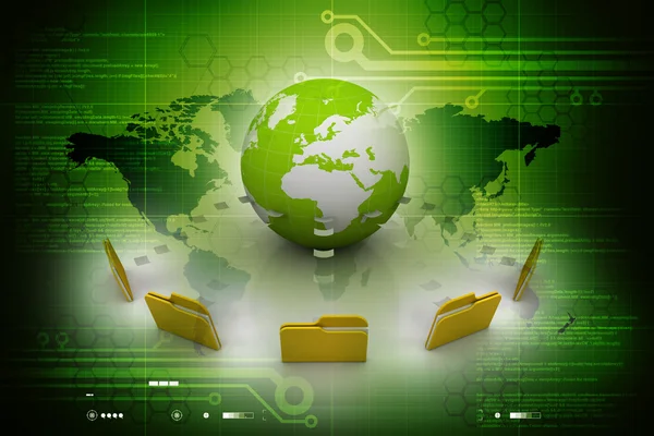 File folders connected to a globe — Stock Photo, Image