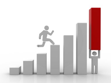 üzerinde yükselen koşan 3d adam çubuk grafik kırmızı ok büyümek. iş başarı kavramı 3d render illüstrasyon