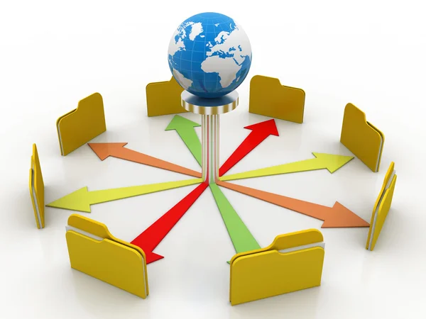 File folders connected to a globe — Stock Photo, Image