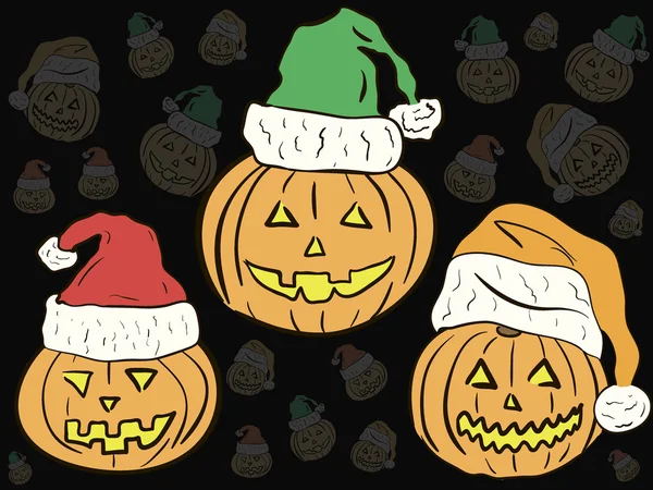 Pumpkin Halloween in Christmas caps — Stock Vector