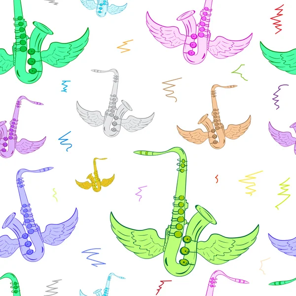 Seamless winged color saxophones white — Stock Vector