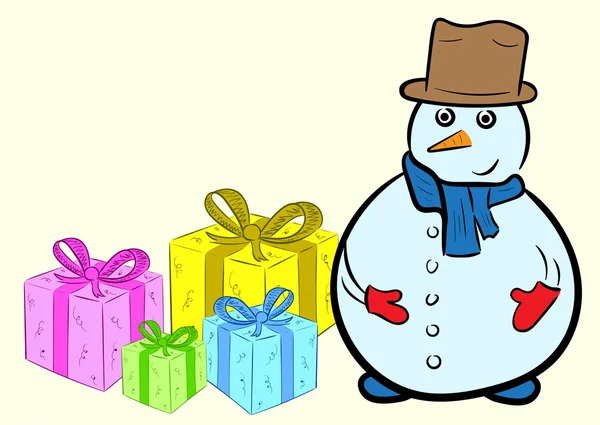 Sneeuwpop met geschenken — Stockvector