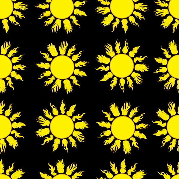 Soleil de feu sans couture sur noir — Image vectorielle