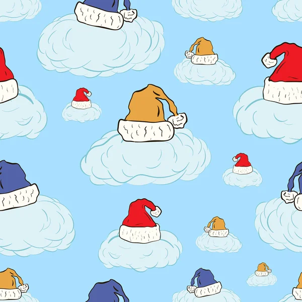 Seamless clouds in Christmas caps — Stock Vector