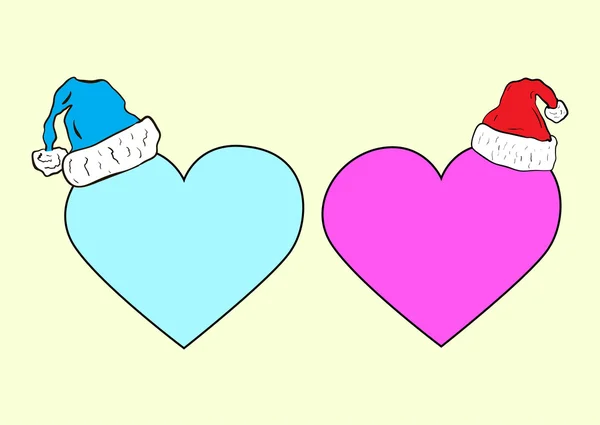 Corazones en gorras de Navidad — Vector de stock