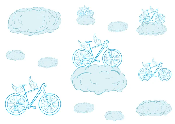 Fliegende Fahrräder in Wolken — Stockvektor