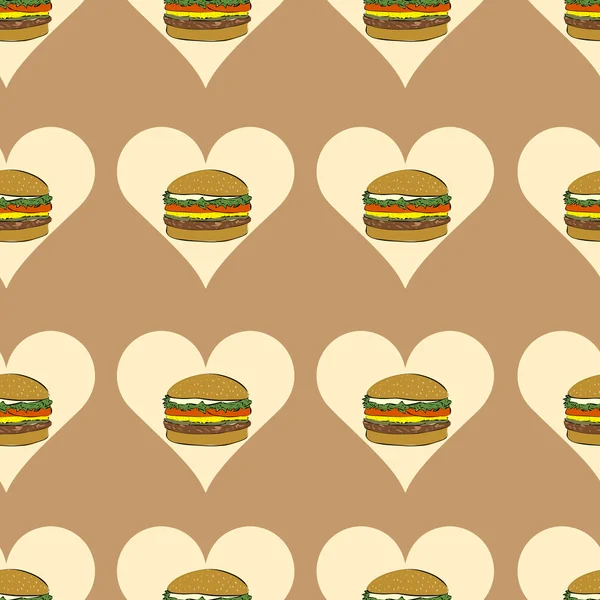 Bezešvé hamburgery v srdcích — Stockový vektor