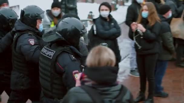 Police force detain protester rebel man. Policeman arrest people. Politic strike — Stock Video
