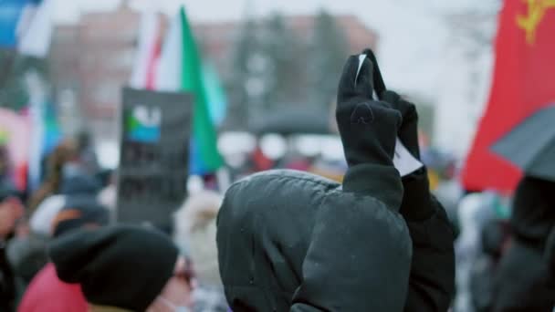 Protesting people mass banners demand. Political placards on picket. City strike — Stock Video