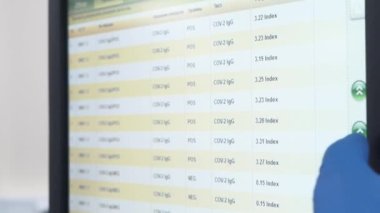 Sıhhiye, dokunmatik ekran monitöründe ellerin eldivende olduğu covid 19 test sonuçlarını okuyor