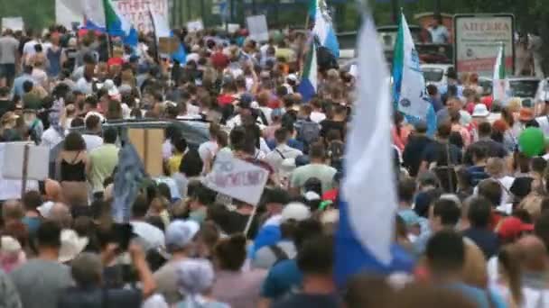 Протестующие в очереди на пикеты с флагами, баннерами и плакатами летом днем. — стоковое видео