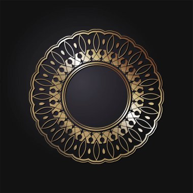 Tasarım için soyut çiçek süsüsüyle dekoratif yuvarlak çerçeve. Siyah arka planda lüks altın unsur. Yazdırma, tekstil, gravür, vs. için şablon... Sitenin arkaplan ögesi. Vektör
