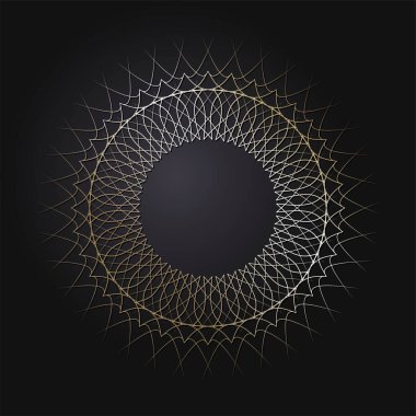 Tasarım için soyut çiçek süsüsüyle dekoratif yuvarlak çerçeve. Siyah arka planda lüks altın unsur. Yazdırma, tekstil, gravür, vs. için şablon... Sitenin arkaplan ögesi. Vektör