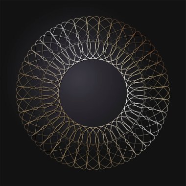 Tasarım için soyut çiçek süsüsüyle dekoratif yuvarlak çerçeve. Siyah arka planda lüks altın unsur. Yazdırma, tekstil, gravür, vs. için şablon... Sitenin arkaplan ögesi. Vektör