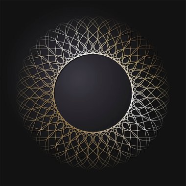 Tasarım için soyut çiçek süsüsüyle dekoratif yuvarlak çerçeve. Siyah arka planda lüks altın unsur. Yazdırma, tekstil, gravür, vs. için şablon... Sitenin arkaplan ögesi. Vektör