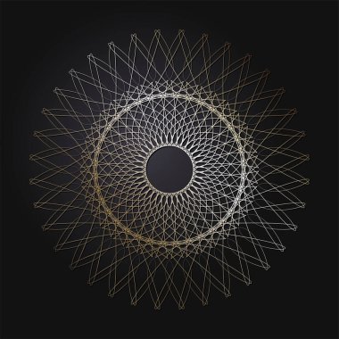 Tasarım için soyut çiçek süsüsüyle dekoratif yuvarlak çerçeve. Siyah arka planda lüks altın unsur. Yazdırma, tekstil, gravür, vs. için şablon... Sitenin arkaplan ögesi. Vektör