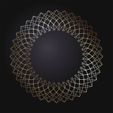Tasarım için soyut çiçek süsüsüyle dekoratif yuvarlak çerçeve. Siyah arka planda lüks altın unsur. Yazdırma, tekstil, gravür, vs. için şablon... Sitenin arkaplan ögesi. Vektör