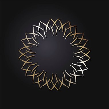 Tasarım için soyut çiçek süsüsüyle dekoratif yuvarlak çerçeve. Siyah arka planda lüks altın unsur. Yazdırma, tekstil, gravür, vs. için şablon... Sitenin arkaplan ögesi. Vektör