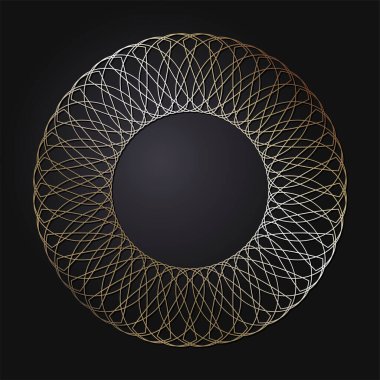 Tasarım için soyut çiçek süsüsüyle dekoratif yuvarlak çerçeve. Siyah arka planda lüks altın unsur. Yazdırma, tekstil, gravür, vs. için şablon... Sitenin arkaplan ögesi. Vektör
