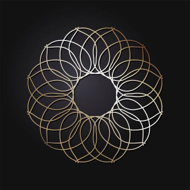 Tasarım için soyut çiçek süsüsüyle dekoratif yuvarlak çerçeve. Siyah arka planda lüks altın unsur. Yazdırma, tekstil, gravür, vs. için şablon... Sitenin arkaplan ögesi. Vektör