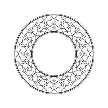 Tasarım için soyut bir süsleme ile dekoratif yuvarlak çerçeve. Çember çerçeve. Kağıt, davetiye, kitap, tekstil, gravür, sahtecilik için zarif bir unsur. Vektör.