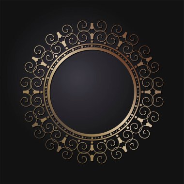 Dekoratif açılış çerçevesi, siyah arkaplanda altın soyut desenli. Dairesel süs. Tasarım için zarif bir unsur. Vektör.