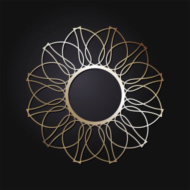Dekoratif açılış çerçevesi, siyah arkaplanda altın soyut desenli. Dairesel süs. Tasarım için zarif bir unsur. Vektör.