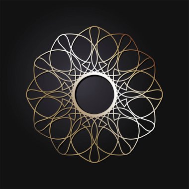 Dekoratif açılış çerçevesi, siyah arkaplanda altın soyut desenli. Dairesel süs. Tasarım için zarif bir unsur. Vektör.