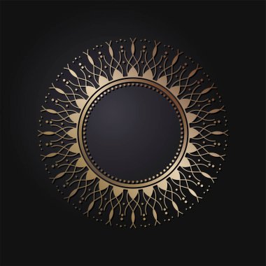 Siyah arkaplanda altın soyut desenli ekoratif açılış çerçevesi. Dairesel süs. Tasarım için zarif bir unsur. Vektör.