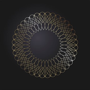 Siyah arkaplanda altın soyut desenli ekoratif açılış çerçevesi. Dairesel süs. Tasarım için zarif bir unsur. Vektör.