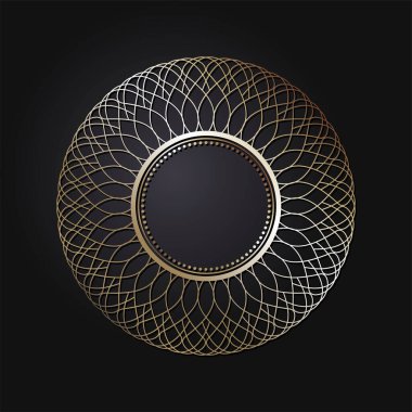 Siyah arkaplanda altın soyut desenli ekoratif açılış çerçevesi. Dairesel süs. Tasarım için zarif bir unsur. Vektör.