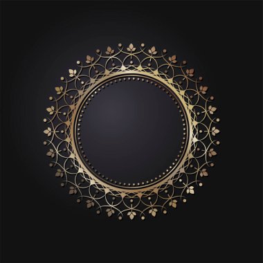 Siyah arkaplanda altın soyut desenli ekoratif açılış çerçevesi. Dairesel süs. Tasarım için zarif bir unsur. Vektör.