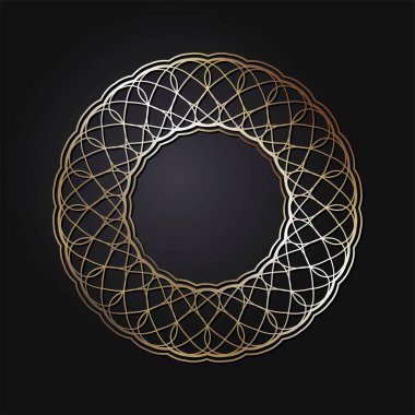 Siyah arkaplanda altın soyut desenli ekoratif açılış çerçevesi. Dairesel süs. Tasarım için zarif bir unsur. Vektör.