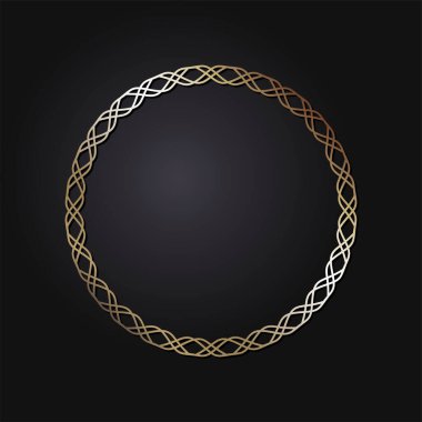 Dekoratif açılış çerçevesi, siyah arkaplanda altın soyut desenli. Dairesel süs. Tasarım için zarif bir unsur. Vektör.