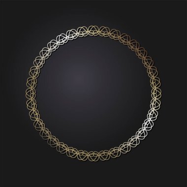 Dekoratif açılış çerçevesi, siyah arkaplanda altın soyut desenli. Dairesel süs. Tasarım için zarif bir unsur. Vektör.