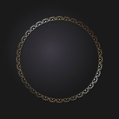 Dekoratif açılış çerçevesi, siyah arkaplanda altın soyut desenli. Dairesel süs. Tasarım için zarif bir unsur. Vektör.