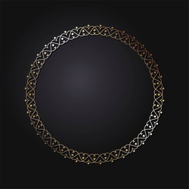 48-101-renkli-dairesel-dekoratif yuvarlak çerçeve, siyah arkaplanda altın soyut desenli. Dairesel süs. Tasarım için zarif bir unsur. Vektör.