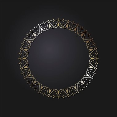 Dekoratif açılış çerçevesi, siyah arkaplanda altın soyut desenli. Dairesel süs. Tasarım için zarif bir unsur. Vektör.