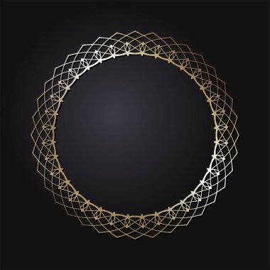 Dekoratif açılış çerçevesi, siyah arkaplanda altın soyut desenli. Dairesel süs. Tasarım için zarif bir unsur. Vektör.