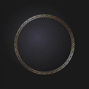 Dekoratif açılış çerçevesi, siyah arkaplanda altın soyut desenli. Dairesel süs. Tasarım için zarif bir unsur. Vektör.