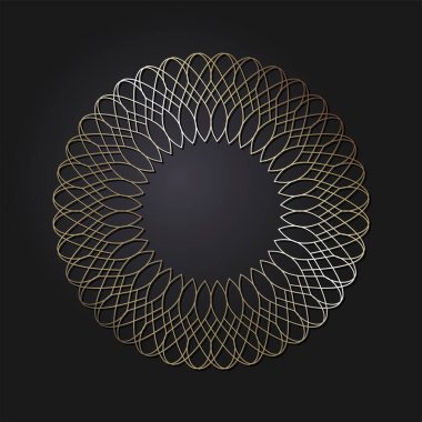 Dekoratif açılış çerçevesi, siyah arkaplanda altın soyut desenli. Dairesel süs. Tasarım için zarif bir unsur. Vektör.