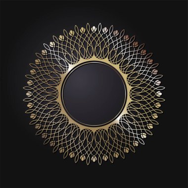 Dekoratif açılış çerçevesi, siyah arkaplanda altın soyut desenli. Dairesel süs. Tasarım için zarif bir unsur. Vektör.