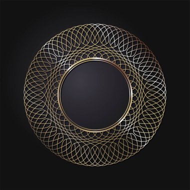 Dekoratif açılış çerçevesi, siyah arkaplanda altın soyut desenli. Dairesel süs. Tasarım için zarif bir unsur. Vektör.