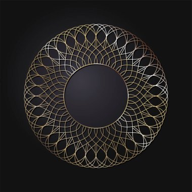 Dekoratif açılış çerçevesi, siyah arkaplanda altın soyut desenli. Dairesel süs. Tasarım için zarif bir unsur. Vektör.